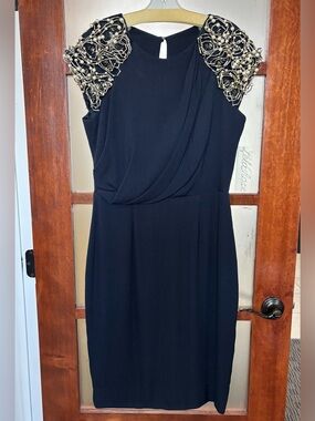 Lela Rose Navy Midi Dress with Silver & Pearl Cap Sleeves